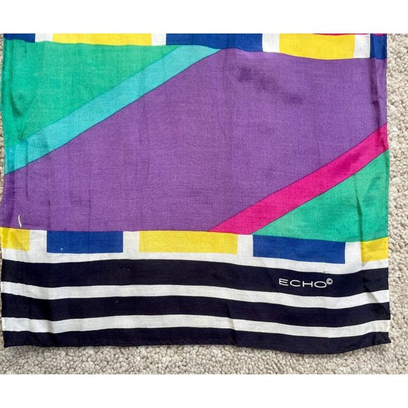 Vintage Scarf by Echo Geometric MOD in Green Purple Yellow Midcentury Pattern. - Picture 4 of 10